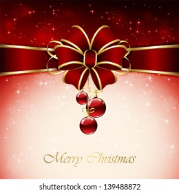 Red background with Christmas balls, bow, snowflake and stars, illustration.