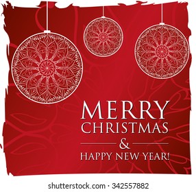 Red Background with Christmas balls. Christmas card