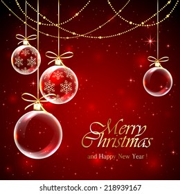 Red background with Christmas balls, decoration and stars, illustration.