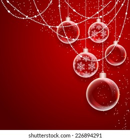 Red background with Christmas balls and falling snow, illustration.