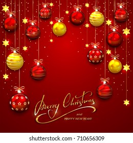 Red background with Christmas balls and golden stars. Holiday lettering Merry Christmas and Happy New Year, illustration.