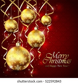 Red background with Christmas balls and tinsel, lettering Merry Christmas and Happy New Year with golden holiday decoration, illustration.