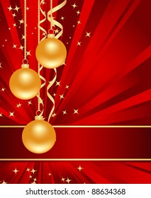 Red background with christmas decorations. Vector illustration.