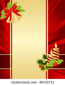 Red background with christmas decorations. Vector illustration.