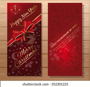 Red background with christmas decorative elements. Merry Christmas and Happy New Year. Vector illustration.