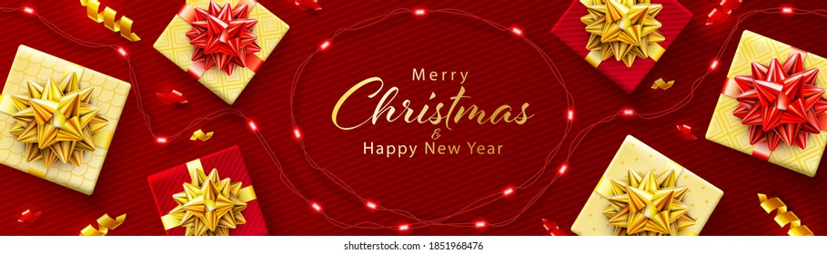 Red background for Christmas and Happy New Year poster with realistic red and golden gifts boxes and LED string lights on red background. Vector promotion horizontal banner, poster, header website tem