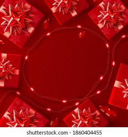 Red background for Christmas and Happy New Year poster with realistic red gifts boxes and LED string lights. Vector promotion horizontal banner, poster, header website template for Christmas, New Year