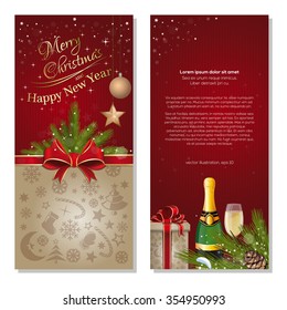 Red background for Christmas and New Year. Card with red ribbon and bow, spruce branches, champagne, gifts and other symbols of Christmas. Vector flyer template.