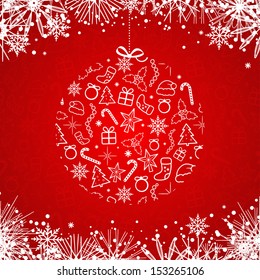 Red background with Christmas symbols. Vector illustration.