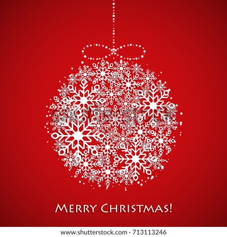 Red background with Christmas tree ball of snowflakes. 
Vector illustration.