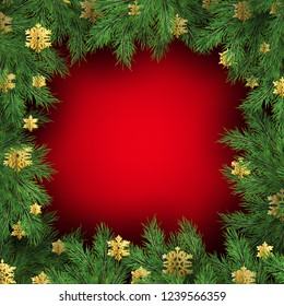 Red background with Christmas tree branches. Festive Xmas template of green branch of pine. EPS 10