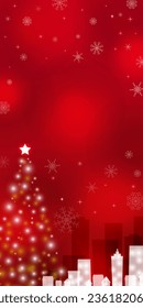 Red background with Christmas tree and cityscape