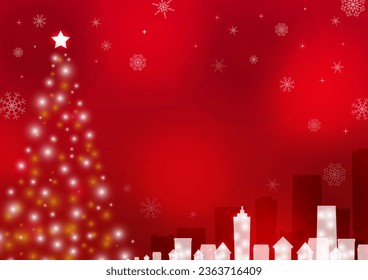Red background with Christmas tree and cityscape