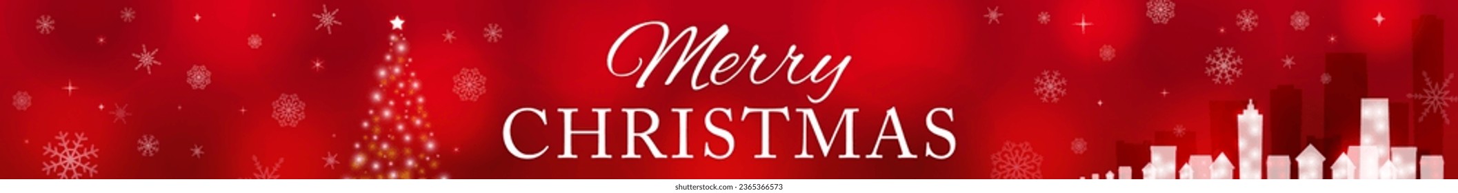 Red background with Christmas tree and cityscape