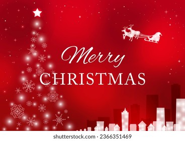Fondo rojo con árbol de Navidad y paisaje urbano