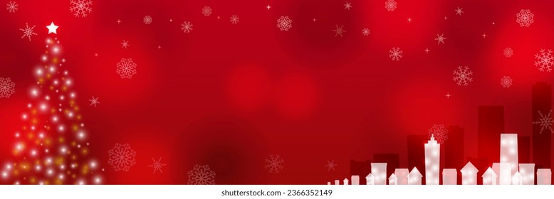Red background with Christmas tree and cityscape