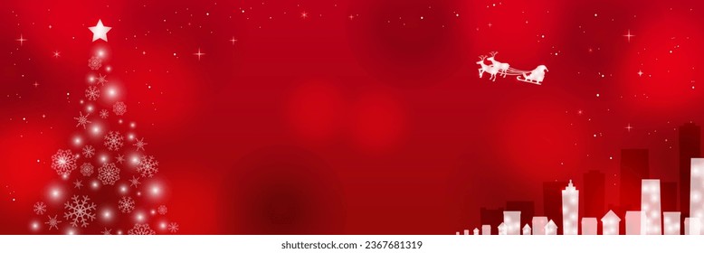 Red background with Christmas tree and cityscape