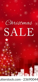 Red background with Christmas tree and cityscape