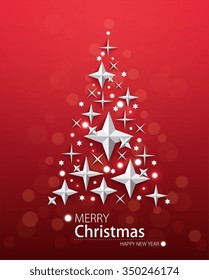 Red background with Christmas tree in the form of stars. Festive background with Christmas and New Year