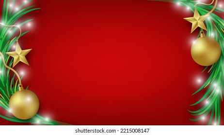 red background with Christmas tree and gold festive ornament with copy space for graphic design element
