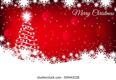 red background with Christmas tree, snowflakes and inscription