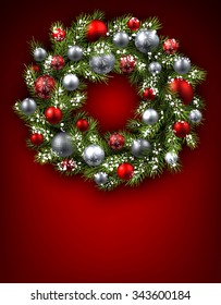 Red background with Christmas wreath. Vector illustration.