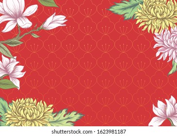 Red background with chrysanthemums and magnolias in chinese style