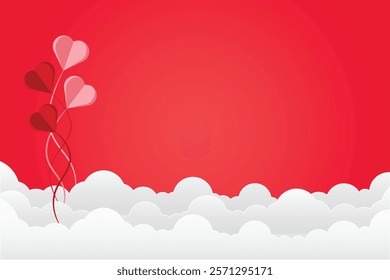 red background with cloud and heart shaped balloon. simple romantic background with blank space for text. vector illustration.
