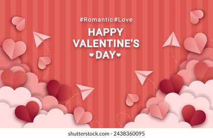fondo rojo con nubes y corazones en vector de estilo de papel