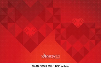 Red background with color gradations and geometric lines, emblazoned with mosaic images of love