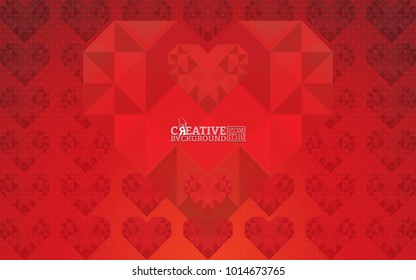 Red background with color gradations and geometric lines, emblazoned with mosaic images of love