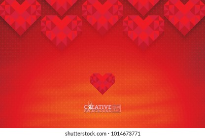Red background with color gradations and geometric lines, emblazoned with mosaic images of love
