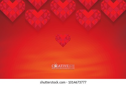Red background with color gradations and geometric lines, emblazoned with mosaic images of love