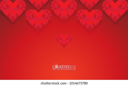 Red background with color gradations and geometric lines, emblazoned with mosaic images of love