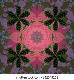 Red background. Colored elements. Abstract vector decorative ethnic mandala sketchy seamless pattern.