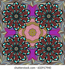 Red background. Colored elements. Abstract vector decorative ethnic mandala sketchy seamless pattern.