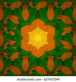 Red background. Colored elements. Abstract vector decorative ethnic mandala sketchy seamless pattern.