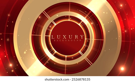 Fundo vermelho composto com quadro círculo dourado decorado com luzes douradas e efeito de luz brilhante, pano de fundo elegante para a promoção do produto ou cerimônia de premiação.