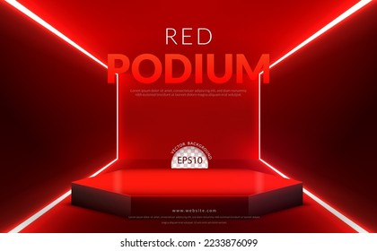 Concepto de fondo rojo, podio de polígono rojo con luz de neón en la habitación roja, ilustración vectorial