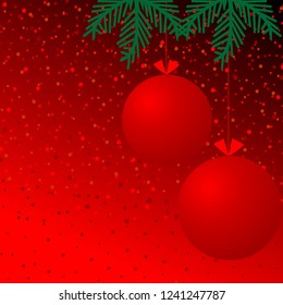 Red background with confetti, balls and branches christmas tree. Merry Christmas and Happy New Year.
