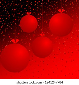 Red background with confetti and red balls. Merry Christmas and Happy New Year.