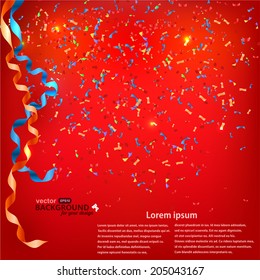 Red background with confetti and serpentine . Sample for your festive design. Vector illustration