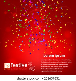 Red background with confetti. Vector illustration