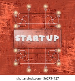 Red background and connected symbols of bulbs and the words start up