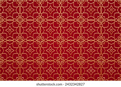 Red background, cover design. Handmade. Geometric decorative gold 3D pattern. Ornaments, arabesques, boho style. Exotic of the East, Asia, India, Mexico, Aztec, Peru. Ideas for design and decor.