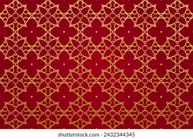 Red background, cover design. Handmade. Geometric unique gold 3D pattern. Ornaments, arabesques, boho style. Exotic of the East, Asia, India, Mexico, Aztec, Peru. Ideas for design and decor.