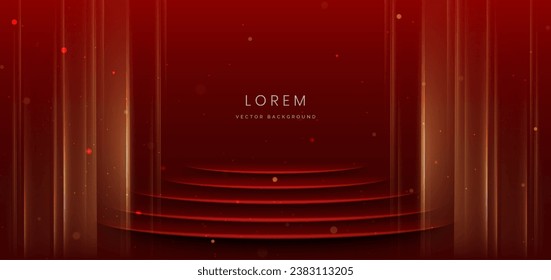 Red background with curved pedestal podium overlapping with gold light ray. Luxury design style. Vector illustration