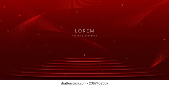 Red background with curved pedestal podium overlapping with gold light ray. Luxury design style. Vector illustration