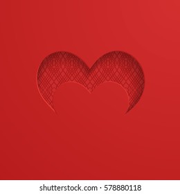 red background with a cut heart and a patterned backdrop
