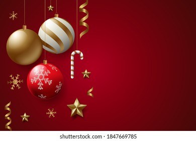 Roter Hintergrund mit Weihnachtsdekorationen, Frohe Weihnachtskarte,